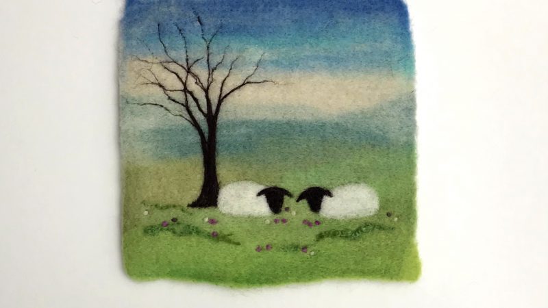 Sheep in Spring Meadow with Tree