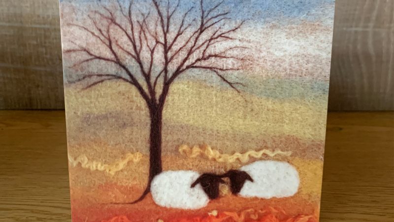 Sheep in autumn landscape with tree needle felted textile contemporary art artwork painting with wool
