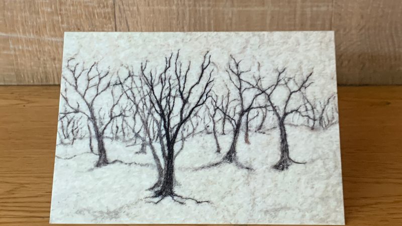 Greetings card showing a needle felted picture called 'Winter Orchard' by Annie Brown
