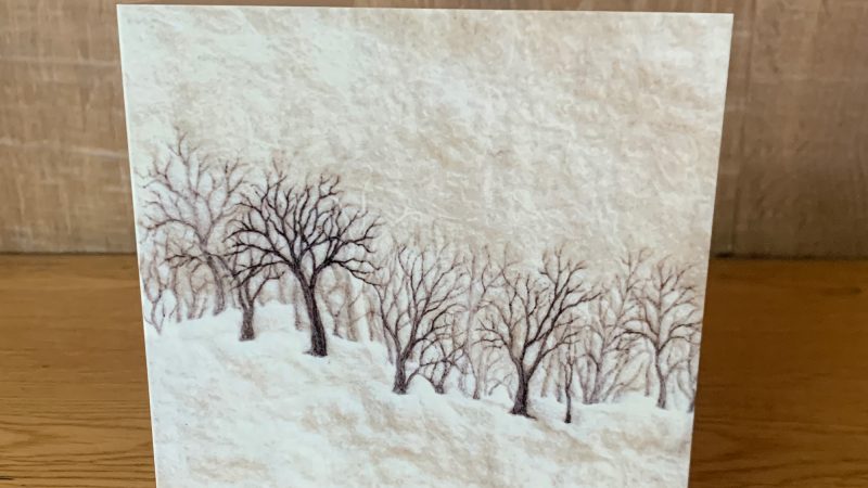 Greetings card showing a needle felted picture called 'Snowy Vale' by Annie Brown