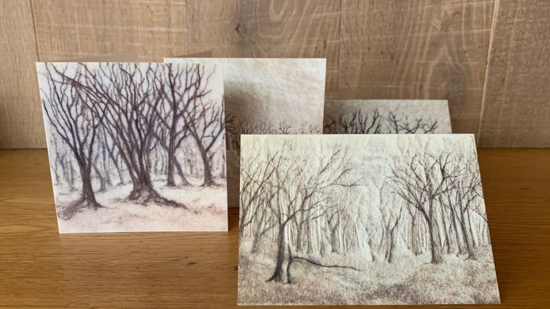 4 Greetings cards showing a needle felted pictures of winter trees by Annie Brown