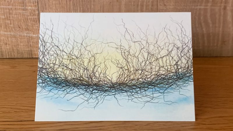 Greetings card showing 'Hedge at Dusk', a drawing by Annie Brown