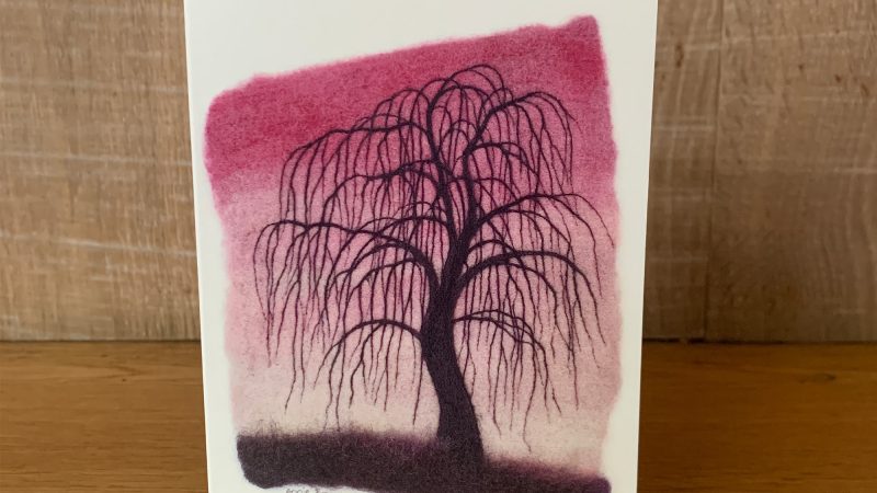 Greetings card showing a needle felted picture called 'Willow, Pink' by Annie Brown