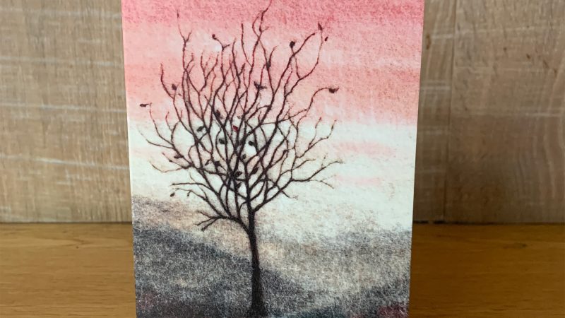 Greetings card showing a needle felted picture called 'Fragility' by Annie Brown