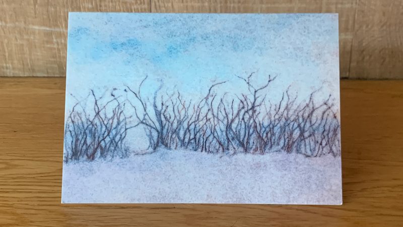 Greetings card showing needle felted picture called 'Hedge on Reach Lode' by Annie Brown